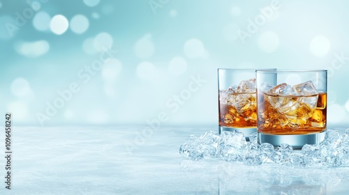  two glasses of whiskey with ice cubes on a blue background The glasses are filled with a golden-brown liquid, likely whiskey, and the ice cubes are scattered aroun photo