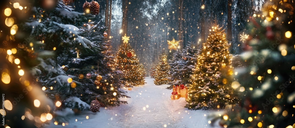 Naklejka premium Enchanting winter forest with decorated Christmas trees surrounded by snow, festive lights, and a magical holiday atmosphere