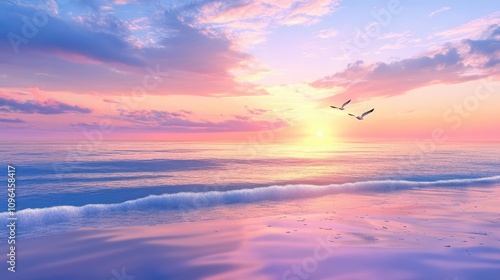 Birds flying in a pastel-colored sky over calm ocean waters at sunrise