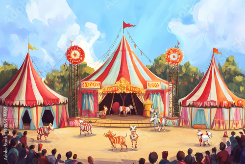 A vibrant circus scene with striped tents, performing animals, and an audience enjoying the show.