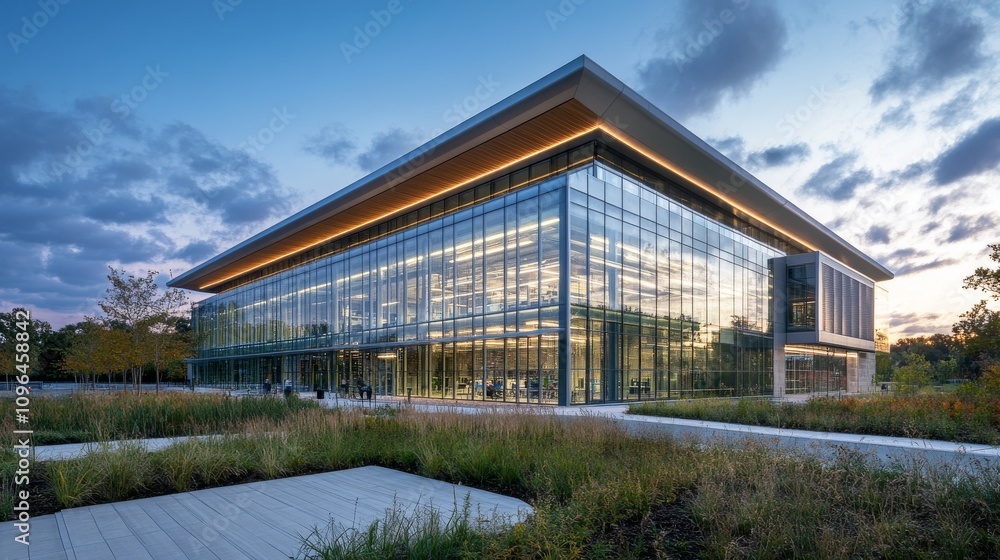Modern Glass Building Dusk Landscape Architecture Modern Glass Building Dusk Landscape Architecture