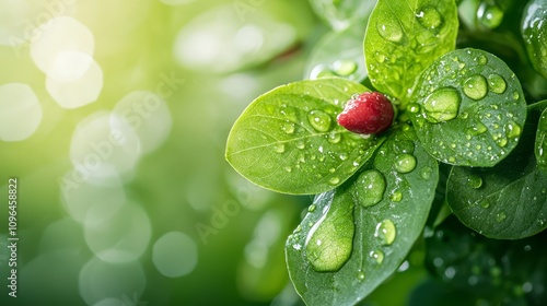  a red flower with water droplets on its green leaves, set against a blurred background