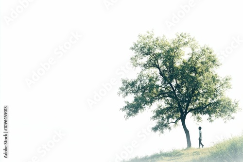 Person walks past solitary tree, bright sky.