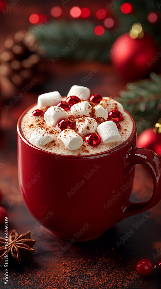 cup of hot chocolate with marshmallows, cinnamon, Merry Christmas and Happy New Year banner with copy space cup of hot chocolate with marshmallows, cinnamon, Merry Christmas and Happy New Year banner with copy space