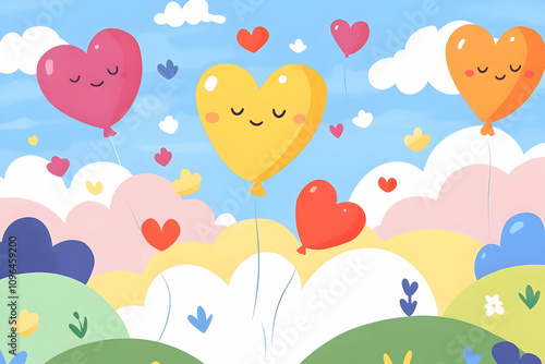 Colorful heart-shaped balloons float above cheerful hills and clouds in a whimsical landscape.