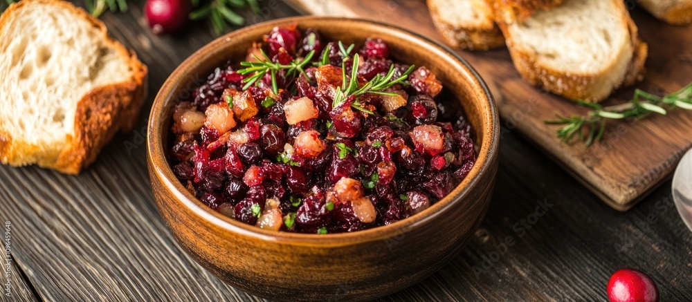 Bowl of baked cranberries garnished with herbs accompanied by artisanal bread slices on a rustic wooden table Bowl of baked cranberries garnished with herbs accompanied by artisanal bread slices on a rustic wooden table