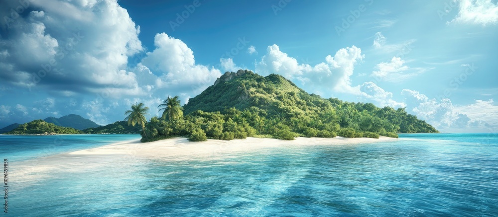 Fototapeta premium Tranquil tropical island landscape with lush greenery and crystal clear waters under a blue sky with fluffy clouds.