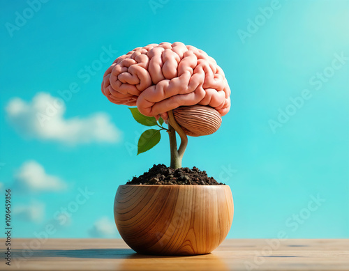 A brain growing like a plant from a wooden pot filled with soil. Art concept