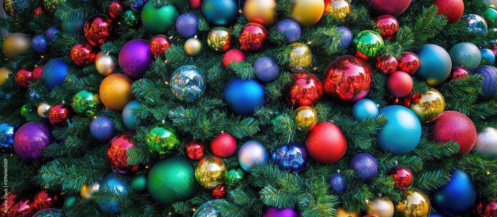 Vibrant Christmas tree decorated with a variety of colorful ornaments and garlands celebrating the festive holiday spirit Vibrant Christmas tree decorated with a variety of colorful ornaments and garlands celebrating the festive holiday spirit