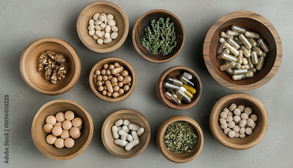 a herbal capsules in a wood bowl on a white table for using medical purpose generated by AI a herbal capsules in a wood bowl on a white table for using medical purpose generated by AI