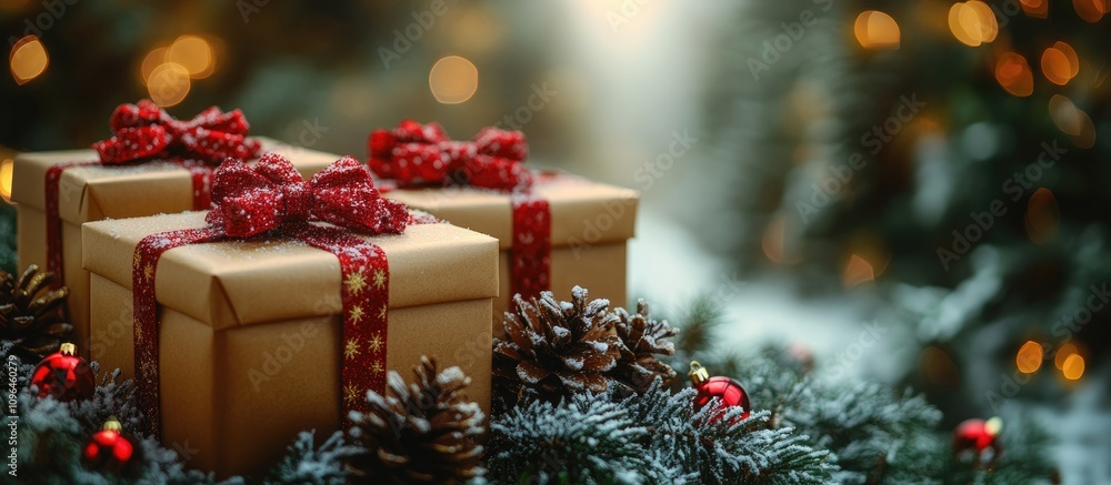 Festive Christmas backdrop with beautifully wrapped gift boxes and holiday decorations creating a warm and inviting seasonal atmosphere Festive Christmas backdrop with beautifully wrapped gift boxes and holiday decorations creating a warm and inviting seasonal atmosphere