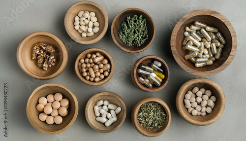 a herbal capsules in a wood bowl on a white table for using medical purpose generated by AI