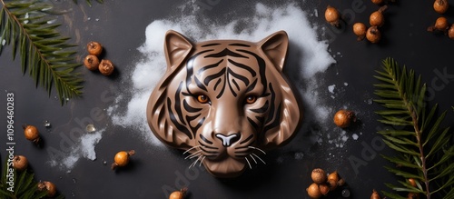 Chocolate tiger symbolizing the New Year surrounded by festive elements with a flat lay composition and dark background photo