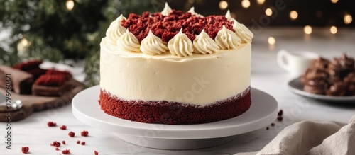 Wallpaper Mural Red velvet cake elegantly presented on a white plate with festive decorations and soft lighting in the background Torontodigital.ca