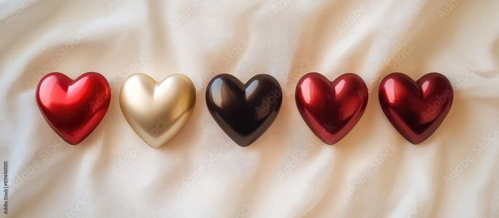 Satin hearts in red gold and black arranged on a soft light background creating a romantic and elegant visual composition Satin hearts in red gold and black arranged on a soft light background creating a romantic and elegant visual composition
