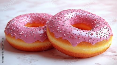 Close-up view of two delectable pink glazed donuts, a sweet treat photography masterpiece. A delightful display of sugary goodness.