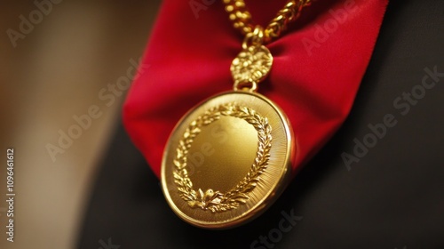 Close-Up of a Gold Medal Hanging on a Red Ribbon