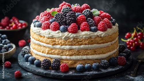 A Stunning Multi-Layered Berry Cake with Whipped Cream - A Delicious Treat for Every Occasion