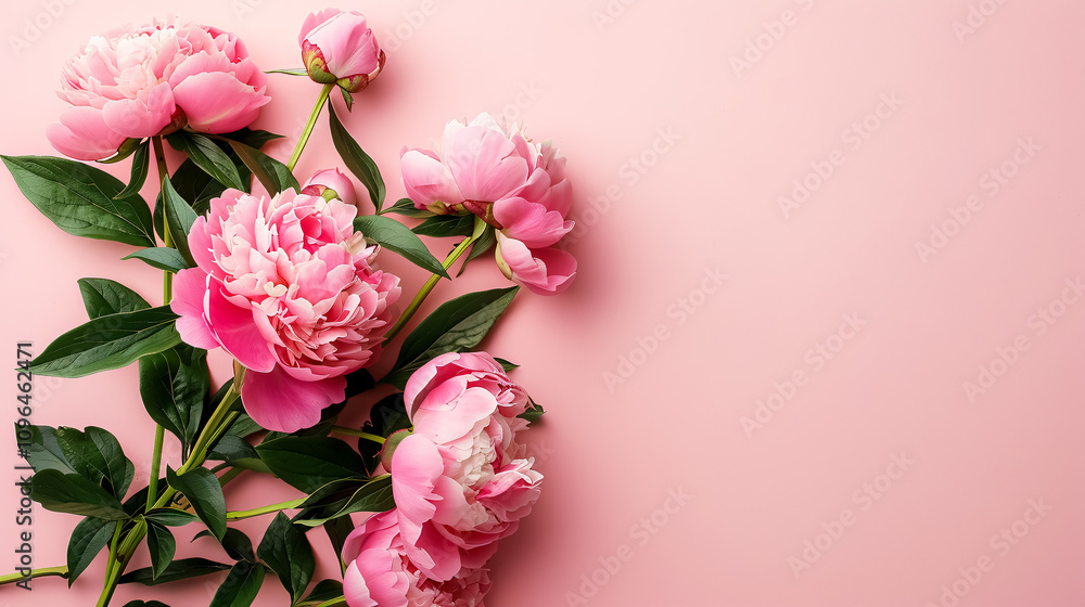 Mother's Day Celebration Concept: A top view of pink peony roses on a pastel pink background with blank space, ideal for Mother's Day cards or invitations. Mother's Day Celebration Concept: A top view of pink peony roses on a pastel pink background with blank space, ideal for Mother's Day cards or invitations.