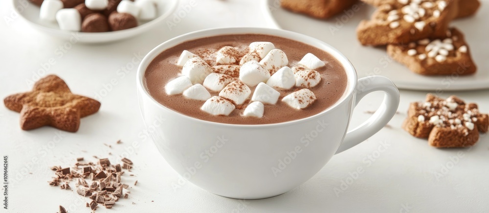 Classic hot chocolate topped with marshmallows and gingerbread cookies on a white table perfect for winter festivities Classic hot chocolate topped with marshmallows and gingerbread cookies on a white table perfect for winter festivities
