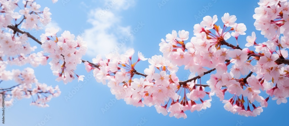 Beautiful cherry blossoms in full bloom against a vibrant blue sky with subtle clouds creating a serene spring atmosphere. Beautiful cherry blossoms in full bloom against a vibrant blue sky with subtle clouds creating a serene spring atmosphere.
