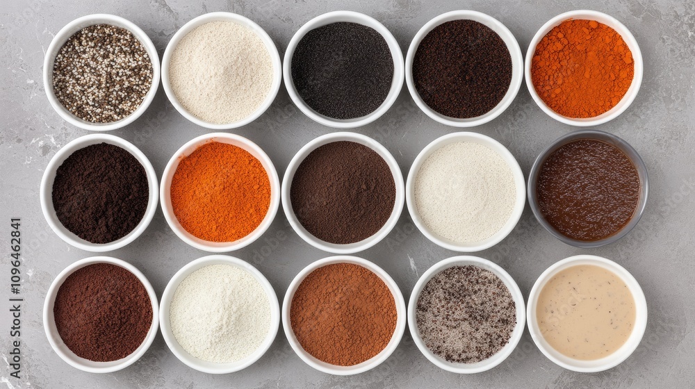 Colorful bowls of various soups arranged in a panoramic layout against a gray background, highlighting the diversity of flavors and textures Colorful bowls of various soups arranged in a panoramic layout against a gray background, highlighting the diversity of flavors and textures