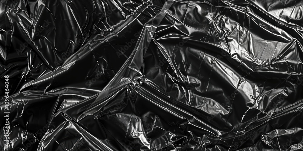 Black crumpled plastic texture with glossy reflective surface. Abstract wrinkled shiny material background with dramatic shadows and highlights. Modern industrial design element. 8k grunge backdrop Black crumpled plastic texture with glossy reflective surface. Abstract wrinkled shiny material background with dramatic shadows and highlights. Modern industrial design element. 8k grunge backdrop
