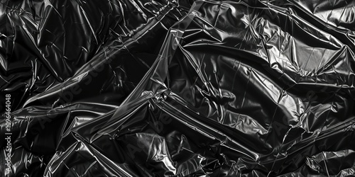 Black crumpled plastic texture with glossy reflective surface. Abstract wrinkled shiny material background with dramatic shadows and highlights. Modern industrial design element. 8k grunge backdrop