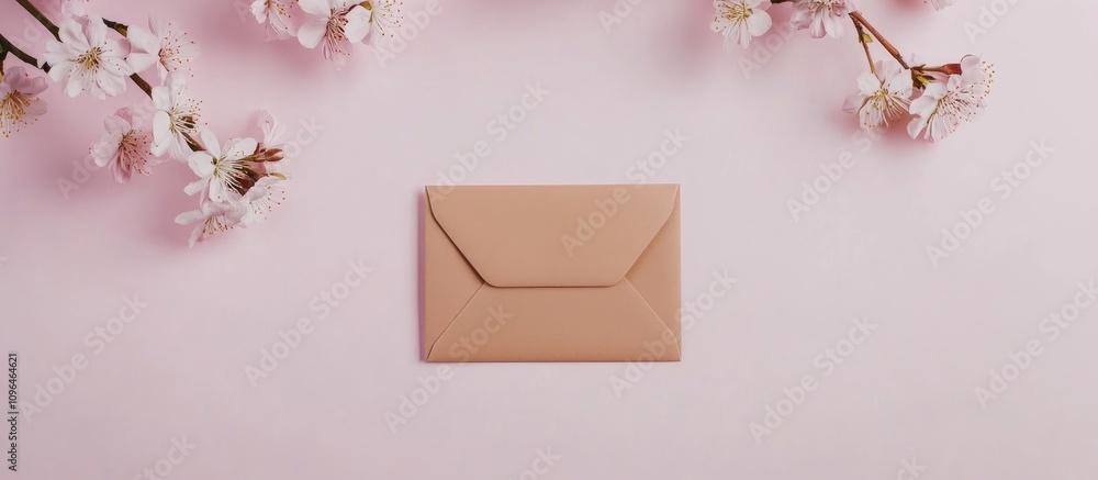 Minimalistic card mockup with envelope and cherry blossoms on a pink background flat lay overhead view for elegant branding design Minimalistic card mockup with envelope and cherry blossoms on a pink background flat lay overhead view for elegant branding design