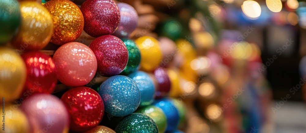 Fototapeta premium Colorful glittering decorative Christmas tree balls displayed in a festive store setting for holiday decoration and celebration