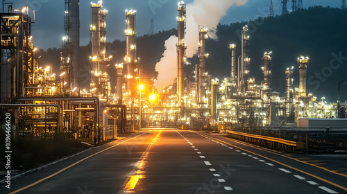 Illuminated Refinery at Night. Industrial Complex Landscape