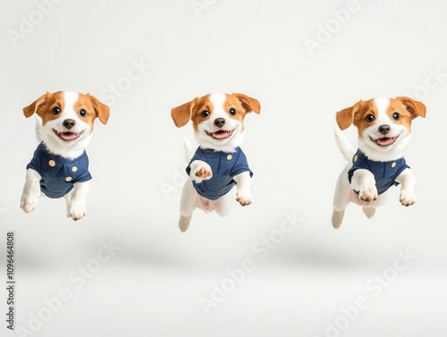 Three playful dogs in stylish outfits joyfully jumping against a clean background, showcasing their cheerful personalities. photo