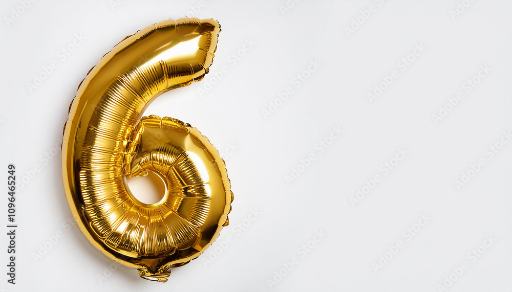 Banner with number 6 golden balloon on white backdrop. Birthday anniversary celebration. Banner with number 6 golden balloon on white backdrop. Birthday anniversary celebration.