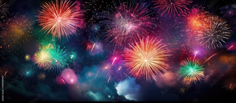 Vibrant fireworks display illuminating the night sky with a spectrum of colors and patterns in a festive celebration atmosphere