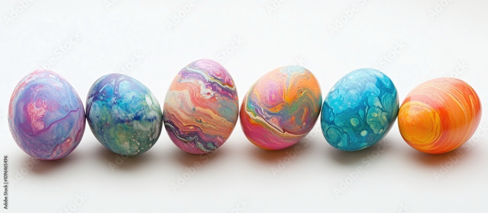Colorful marble Easter eggs arranged on a white background showcasing vibrant hues and artistic designs for festive celebrations. Colorful marble Easter eggs arranged on a white background showcasing vibrant hues and artistic designs for festive celebrations.
