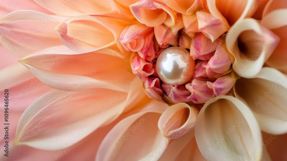 Close-up of a pearl nestled in the heart of a peach dahlia flower. Close-up of a pearl nestled in the heart of a peach dahlia flower.