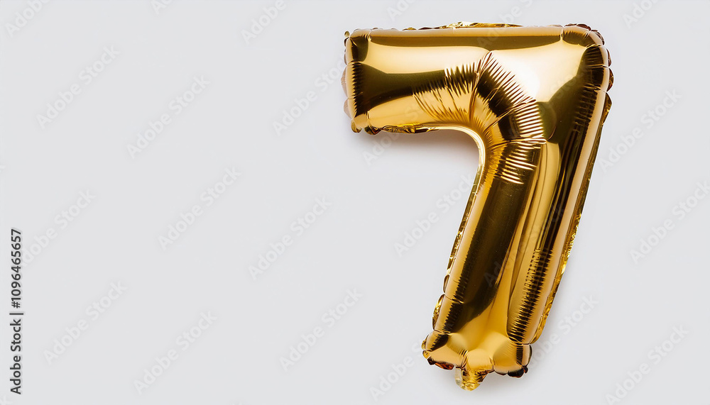Banner with number 7 golden balloon on white backdrop. Birthday anniversary celebration. Banner with number 7 golden balloon on white backdrop. Birthday anniversary celebration.