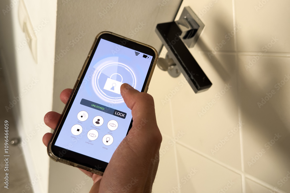 smart house, home automation, device with app icons. Man uses his smartphone with smarthome security app to unlock the door of his house. smart house, home automation, device with app icons. Man uses his smartphone with smarthome security app to unlock the door of his house.