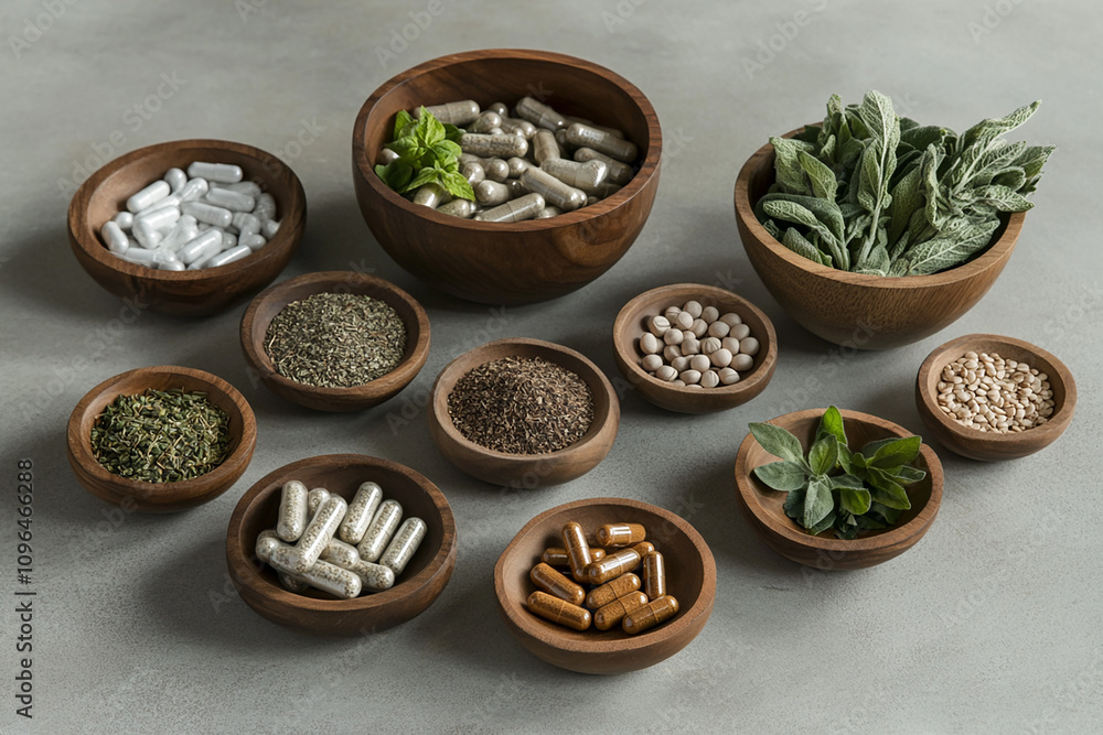 a herbal capsules in a wood bowl on a white table for using medical purpose generated by AI a herbal capsules in a wood bowl on a white table for using medical purpose generated by AI