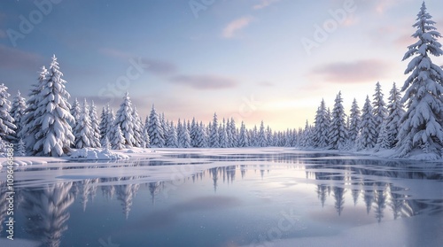 A frozen pond surrounded by snow-covered trees, icy water, snowfall, winter scenery, frosty branch,