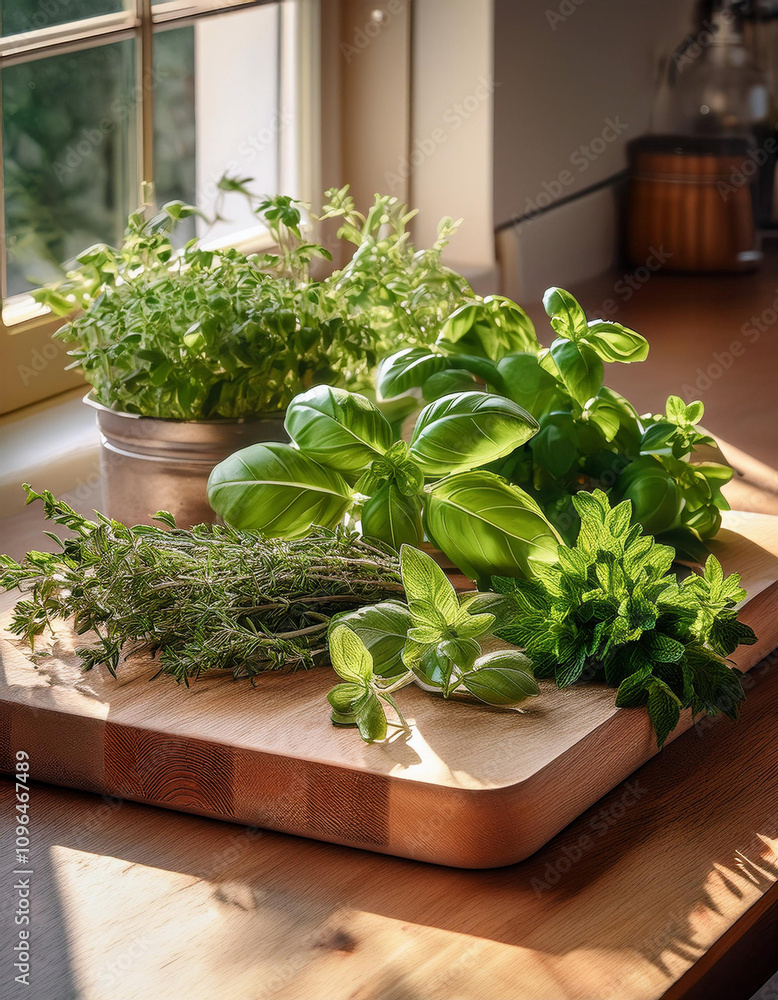 A wooden cutting board near a sunny window displays an assortment of fresh herbs including thyme, basil, and oregano, with some planted in terracotta pots and others freshly cut A wooden cutting board near a sunny window displays an assortment of fresh herbs including thyme, basil, and oregano, with some planted in terracotta pots and others freshly cut