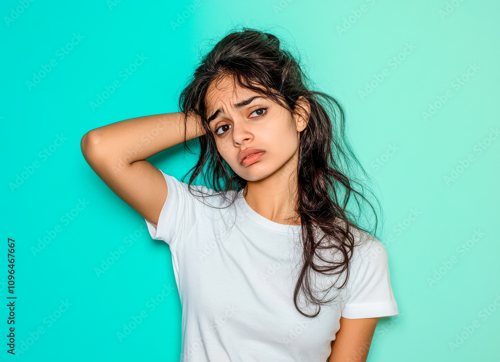 young indian woman standing with confused expression young indian woman standing with confused expression