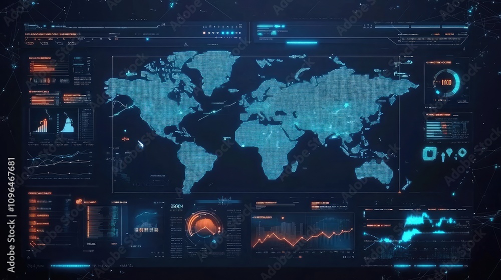 Conceptual global logistics dashboard with tracking and shipment icons