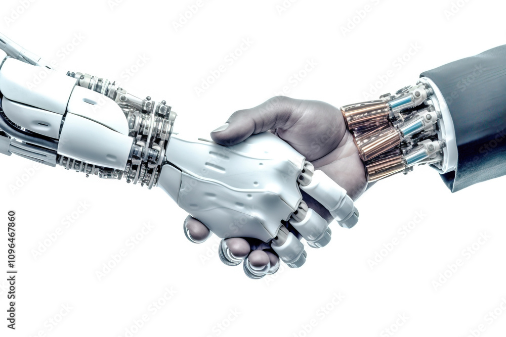 Handshake of a man with an android, robotic artificial intelligence of a cyborg. AI generated. Handshake of a man with an android, robotic artificial intelligence of a cyborg. AI generated.