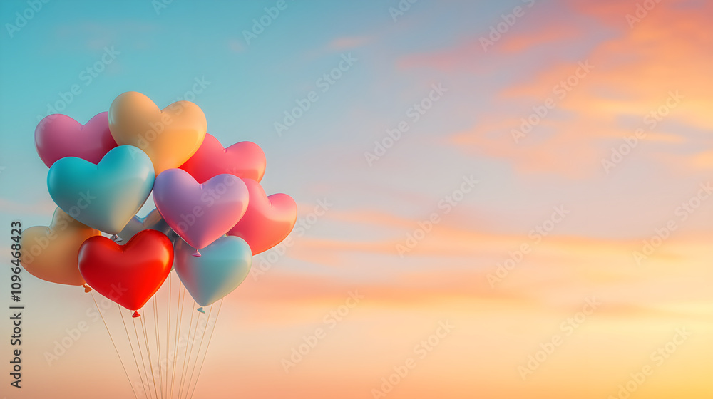 Colorful heart balloons in vibrant sunset sky create joyful scene Colorful heart balloons in vibrant sunset sky create joyful scene