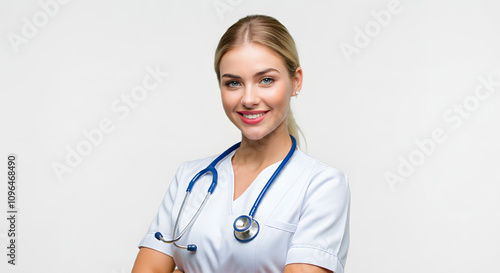 Confident female dentist or nurse in professional attire, standing against a clean white background, ideal for medical and healthcare-related designs.