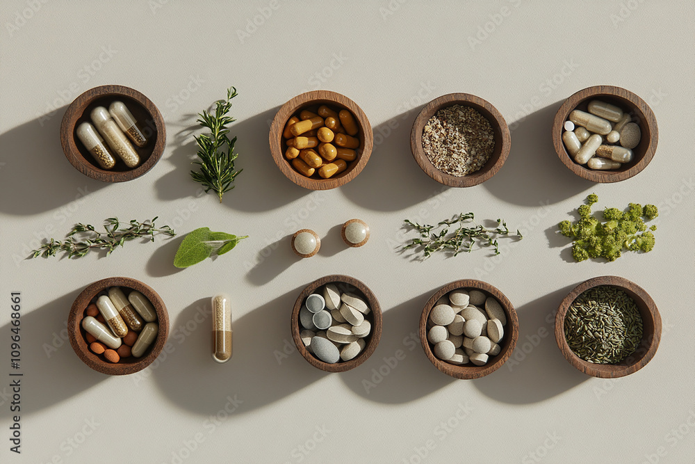 a herbal capsules in a wood bowl on a white table for using medical purpose generated by AI a herbal capsules in a wood bowl on a white table for using medical purpose generated by AI