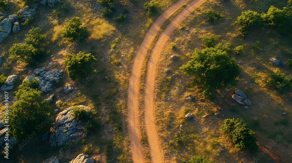 Aerial view of a winding dirt path through lush green terrain with rocky outcrops. Aerial view of a winding dirt path through lush green terrain with rocky outcrops.