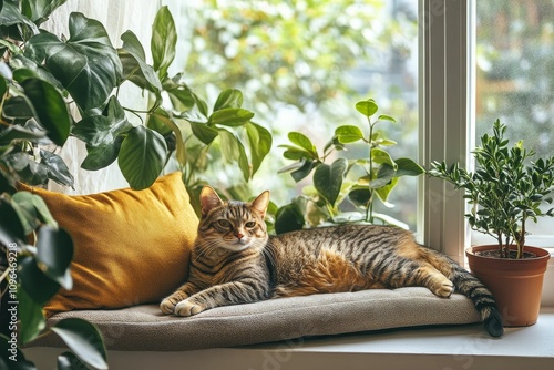 Tabby cat naps on window seat, surrounded by plants. photo