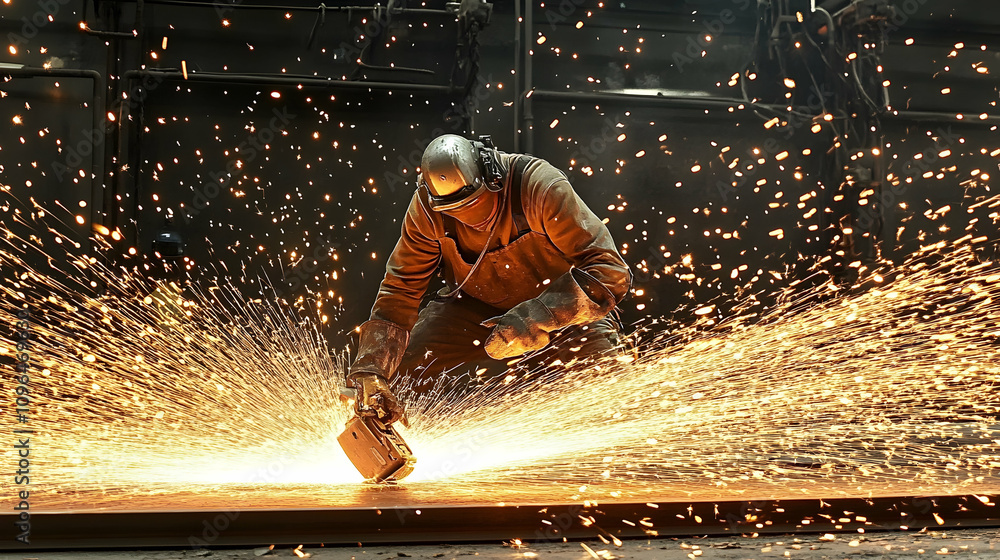 Worker Grinding Metal, Sparks Explode Worker Grinding Metal, Sparks Explode